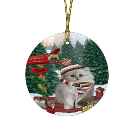 Merry Christmas Woodland Sled Persian Cat Round Flat Christmas Ornament RFPOR55343