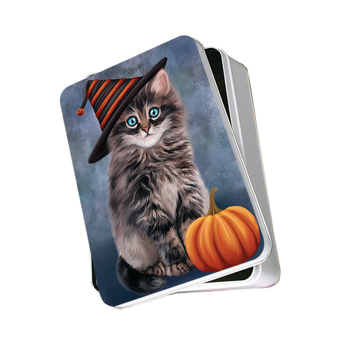 Happy Halloween Persian Cat Wearing Witch Hat with Pumpkin Photo Storage Tin PITN54913