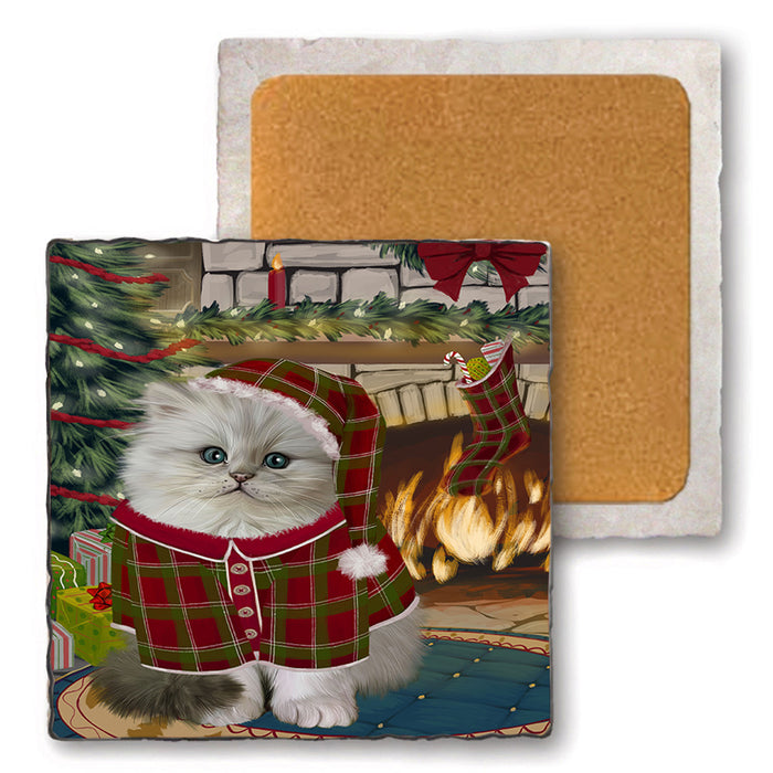 The Stocking was Hung Persian Cat Set of 4 Natural Stone Marble Tile Coasters MCST50557
