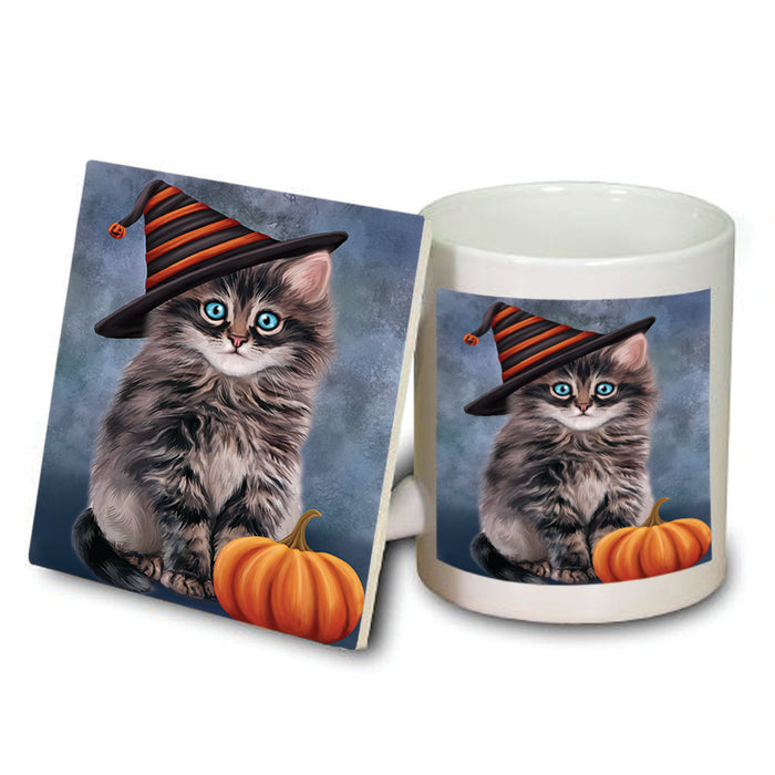 Happy Halloween Persian Cat Wearing Witch Hat with Pumpkin Mug and Coaster Set MUC54962