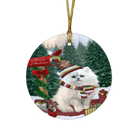 Merry Christmas Woodland Sled Persian Cat Round Flat Christmas Ornament RFPOR55344