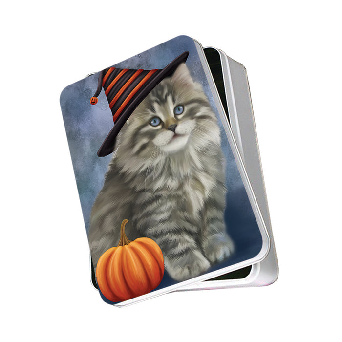Happy Halloween Persian Cat Wearing Witch Hat with Pumpkin Photo Storage Tin PITN54914