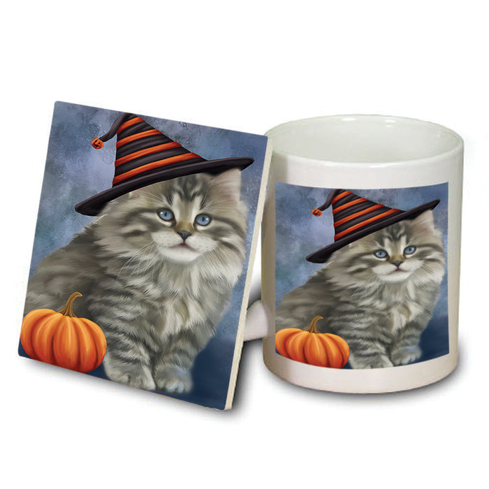 Happy Halloween Persian Cat Wearing Witch Hat with Pumpkin Mug and Coaster Set MUC54963