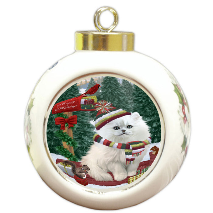 Merry Christmas Woodland Sled Persian Cat Round Ball Christmas Ornament RBPOR55344