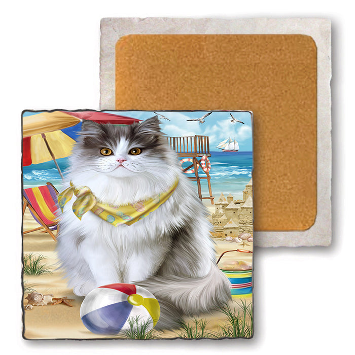 Pet Friendly Beach Persian Cat Set of 4 Natural Stone Marble Tile Coasters MCST49178
