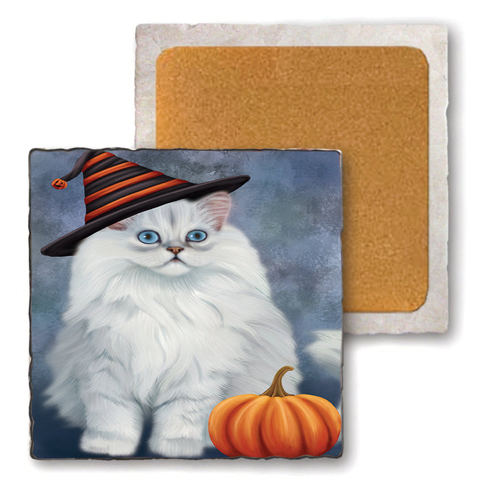 Happy Halloween Persian Cat Wearing Witch Hat with Pumpkin Set of 4 Natural Stone Marble Tile Coasters MCST49972