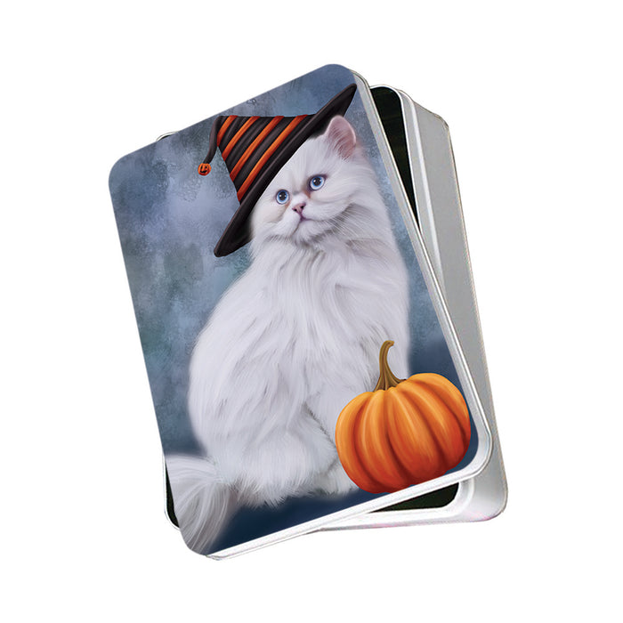 Happy Halloween Persian Cat Wearing Witch Hat with Pumpkin Photo Storage Tin PITN54916