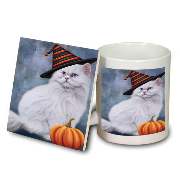 Happy Halloween Persian Cat Wearing Witch Hat with Pumpkin Mug and Coaster Set MUC54965