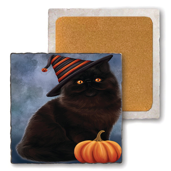 Happy Halloween Persian Cat Wearing Witch Hat with Pumpkin Set of 4 Natural Stone Marble Tile Coasters MCST49974