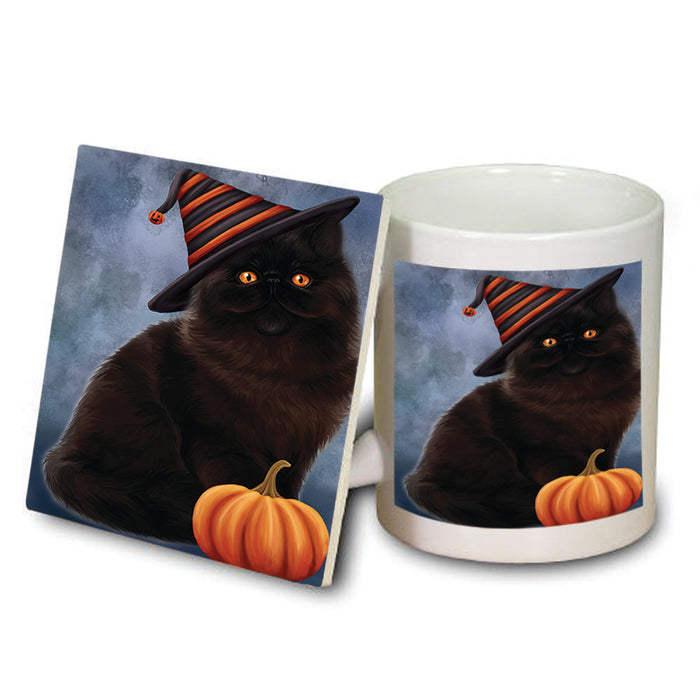 Happy Halloween Persian Cat Wearing Witch Hat with Pumpkin Mug and Coaster Set MUC54966