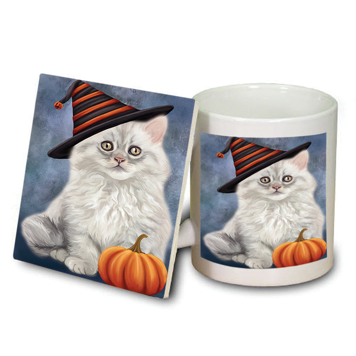 Happy Halloween Persian Cat Wearing Witch Hat with Pumpkin Mug and Coaster Set MUC54967