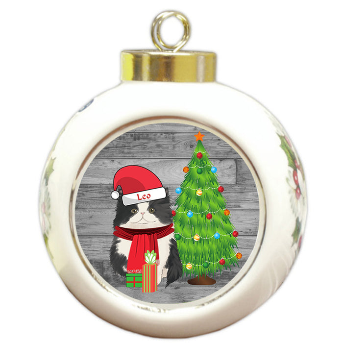 Custom Personalized Persian Cat With Tree and Presents Christmas Round Ball Ornament