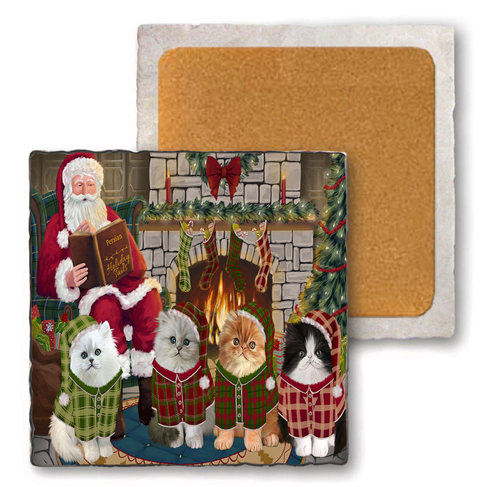 Christmas Cozy Holiday Tails Persian Cats Set of 4 Natural Stone Marble Tile Coasters MCST50374