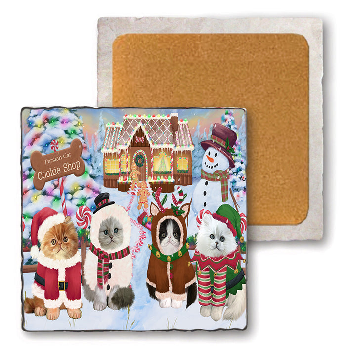 Holiday Gingerbread Cookie Shop Persian Cats Set of 4 Natural Stone Marble Tile Coasters MCST51508