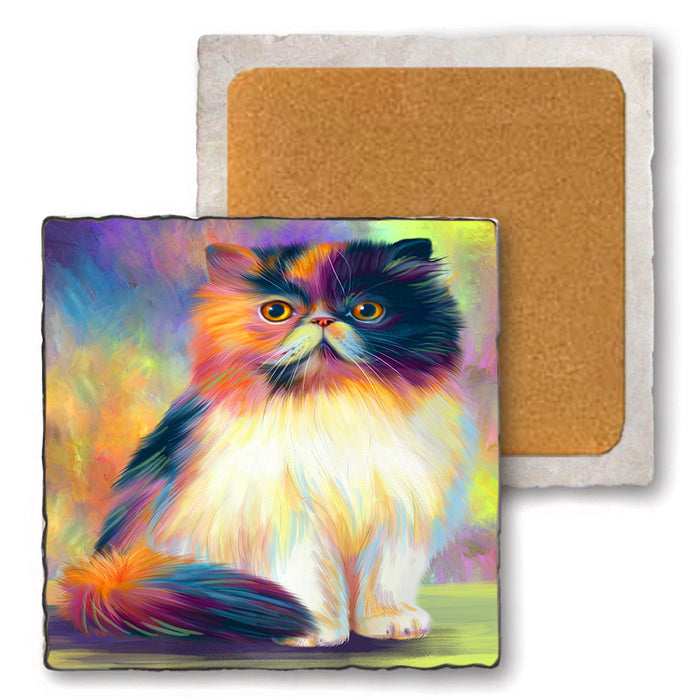 Paradise Wave Persian Cat Set of 4 Natural Stone Marble Tile Coasters MCST51076