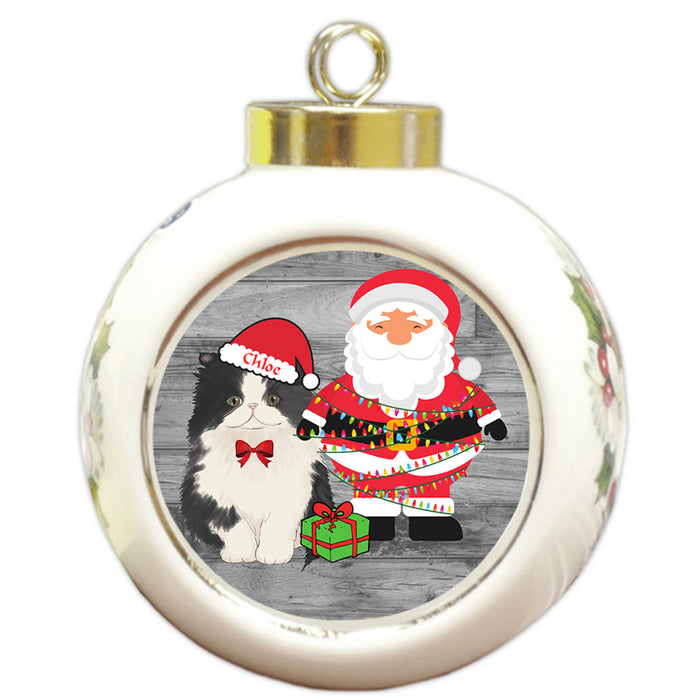 Custom Personalized Persian Cat With Santa Wrapped in Light Christmas Round Ball Ornament
