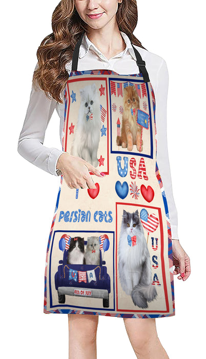4th of July Independence Day I Love USA Persian Cats Apron - Adjustable Long Neck Bib for Adults - Waterproof Polyester Fabric With 2 Pockets - Chef Apron for Cooking, Dish Washing, Gardening, and Pet Grooming