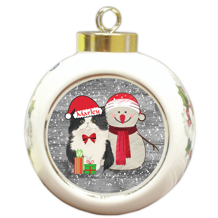 Custom Personalized Snowy Snowman and Persian Cat Christmas Round Ball Ornament