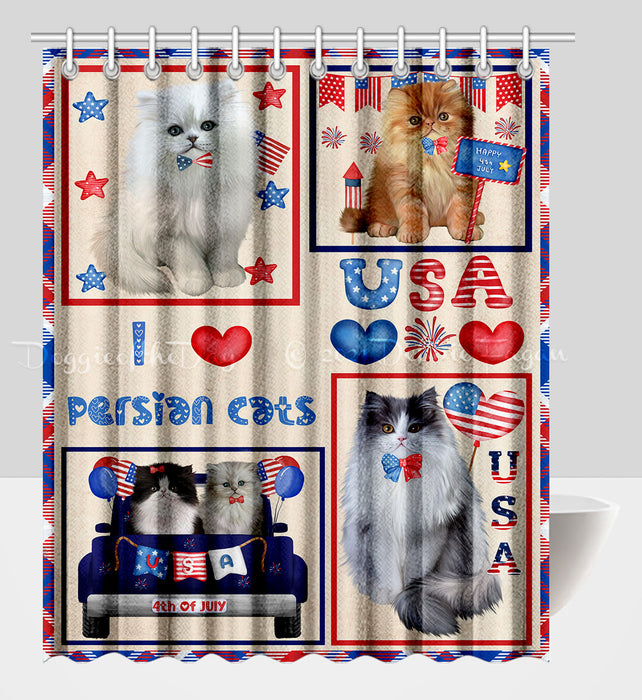 4th of July Independence Day I Love USA Persian Cats Shower Curtain Pet Painting Bathtub Curtain Waterproof Polyester One-Side Printing Decor Bath Tub Curtain for Bathroom with Hooks