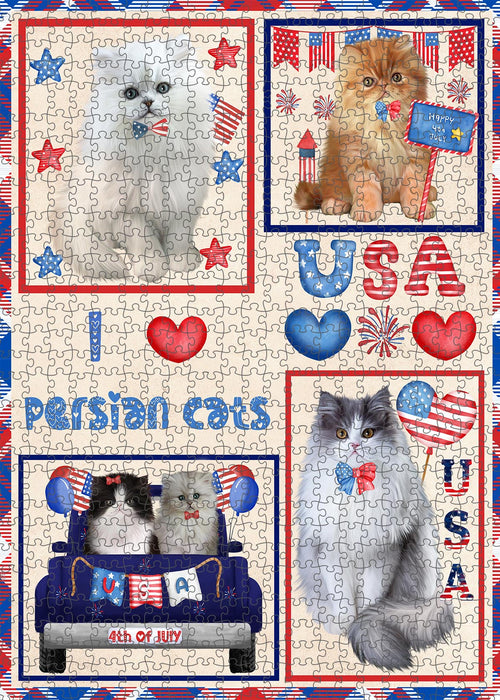 4th of July Independence Day I Love USA Persian Cats Portrait Jigsaw Puzzle for Adults Animal Interlocking Puzzle Game Unique Gift for Dog Lover's with Metal Tin Box