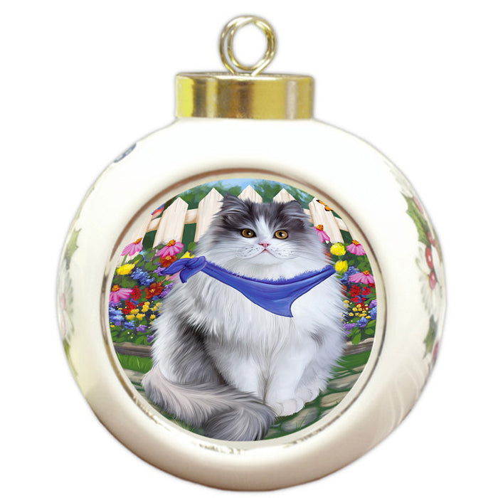 Spring Floral Persian Cat Round Ball Christmas Ornament RBPOR49926