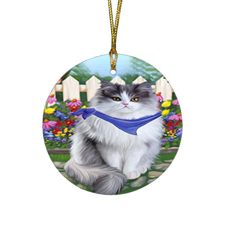 Spring Floral Persian Cat Round Flat Christmas Ornament RFPOR49917