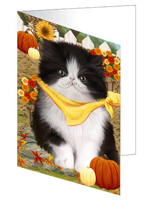 Fall Autumn Greeting Persian Cat with Pumpkins Handmade Artwork Assorted Pets Greeting Cards and Note Cards with Envelopes for All Occasions and Holiday Seasons GCD56483