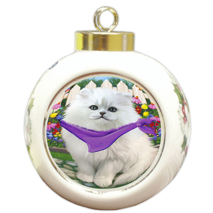 Spring Floral Persian Cat Round Ball Christmas Ornament RBPOR49929