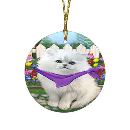 Spring Floral Persian Cat Round Flat Christmas Ornament RFPOR49920