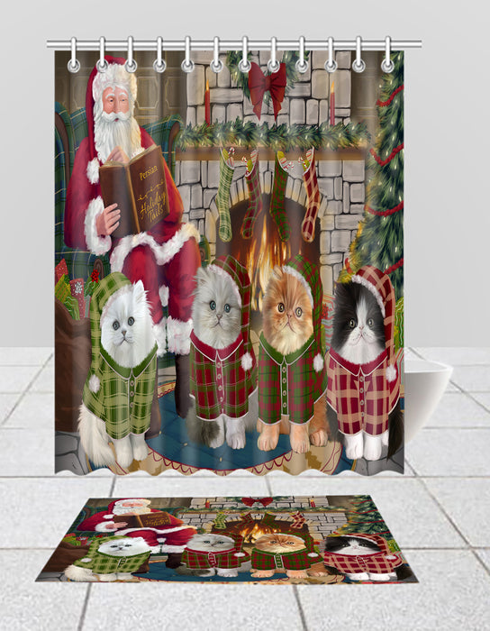 Christmas Cozy Holiday Fire Tails Persian Cats Bath Mat and Shower Curtain Combo