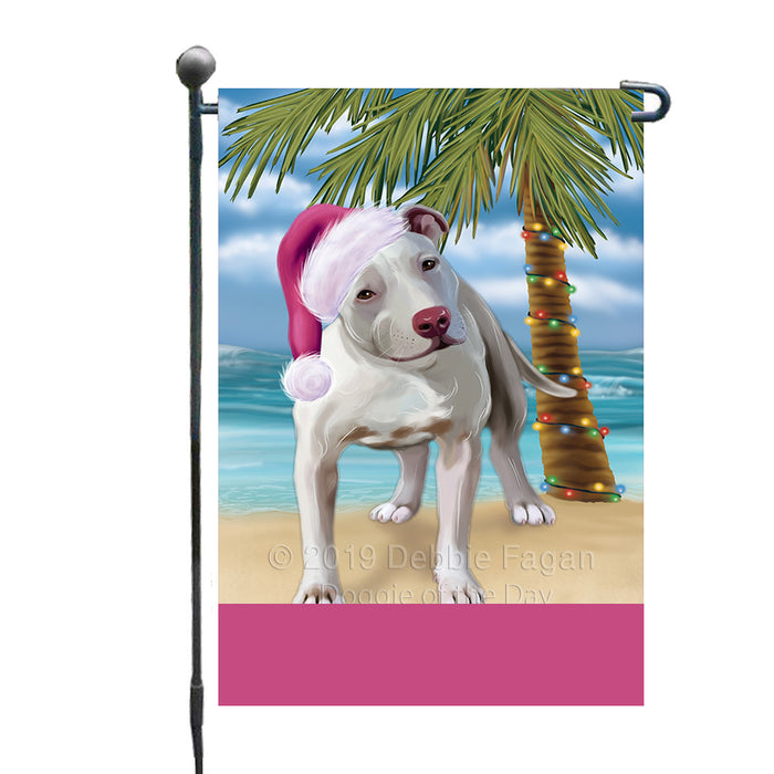 Personalized Summertime Happy Holidays Christmas Pibull Dog on Tropical Island Beach  Custom Garden Flags GFLG-DOTD-A60506