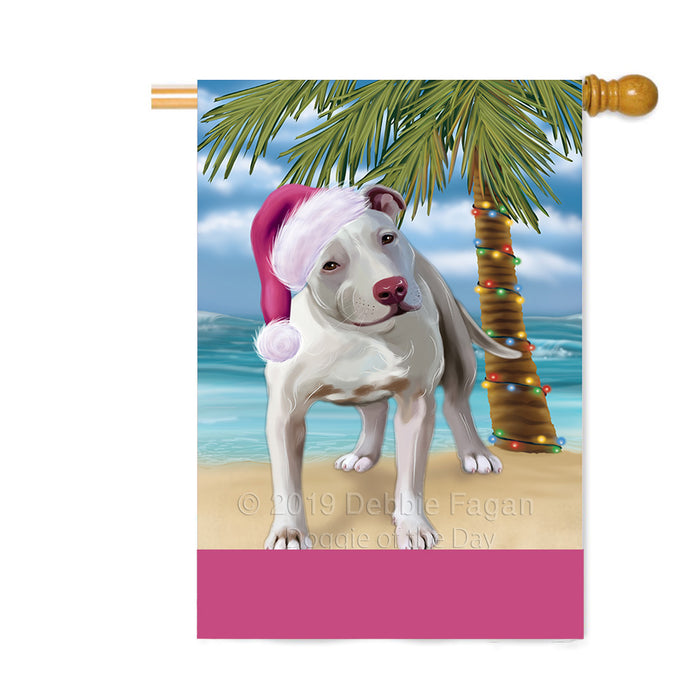 Personalized Summertime Happy Holidays Christmas Pibull Dog on Tropical Island Beach Custom House Flag FLG-DOTD-A60562