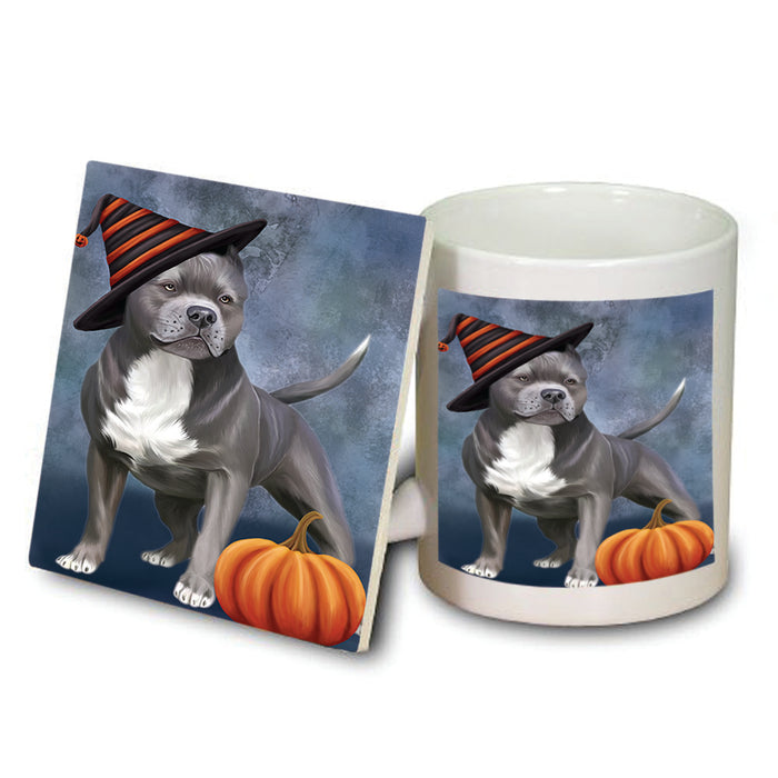 Happy Halloween Pit Bull Dog Wearing Witch Hat with Pumpkin Mug and Coaster Set MUC54969