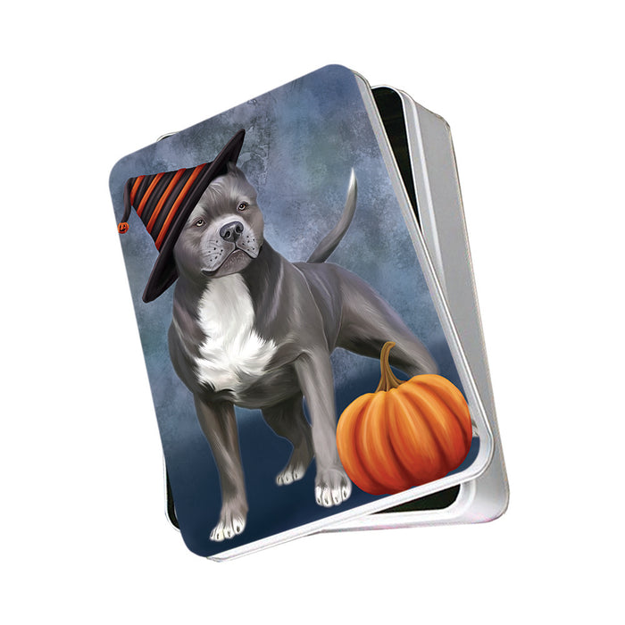 Happy Halloween Pit Bull Dog Wearing Witch Hat with Pumpkin Photo Storage Tin PITN54920