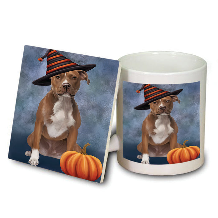 Happy Halloween Pit Bull Dog Wearing Witch Hat with Pumpkin Mug and Coaster Set MUC54968