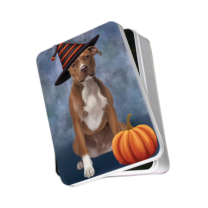 Happy Halloween Pit Bull Dog Wearing Witch Hat with Pumpkin Photo Storage Tin PITN54919