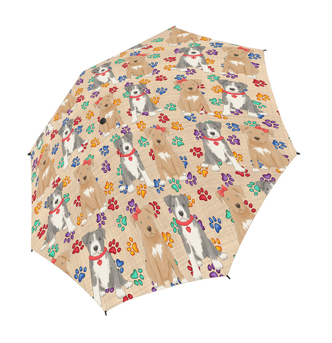 Rainbow Paw Print Pit Bull Dogs Red Semi-Automatic Foldable Umbrella