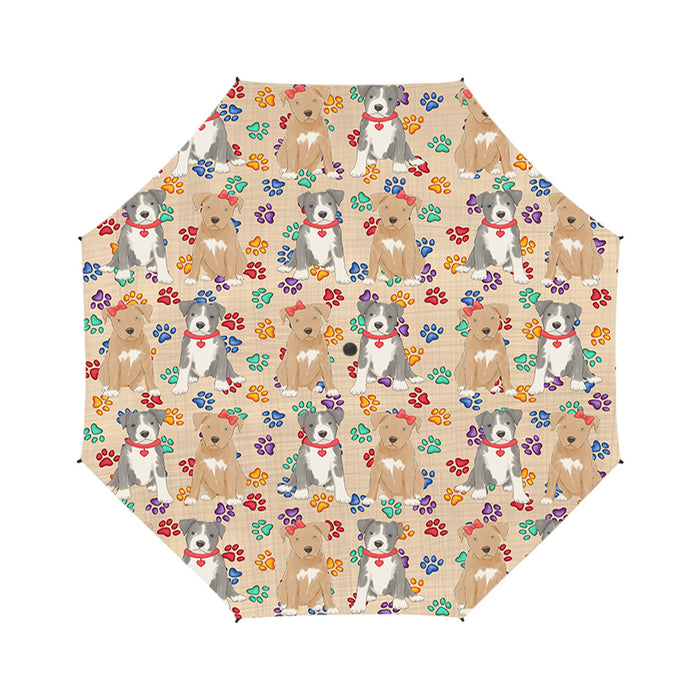 Rainbow Paw Print Pit Bull Dogs Red Semi-Automatic Foldable Umbrella