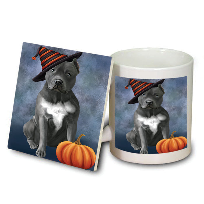 Happy Halloween Pit Bull Dog Wearing Witch Hat with Pumpkin Mug and Coaster Set MUC54970