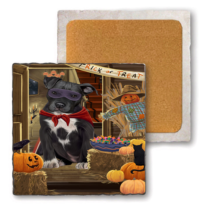 Enter at Own Risk Trick or Treat Halloween Pit Bull Dog Set of 4 Natural Stone Marble Tile Coasters MCST48215