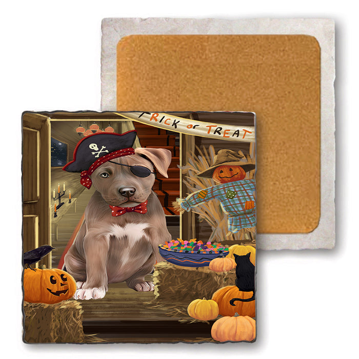 Enter at Own Risk Trick or Treat Halloween Pit Bull Dog Set of 4 Natural Stone Marble Tile Coasters MCST48216