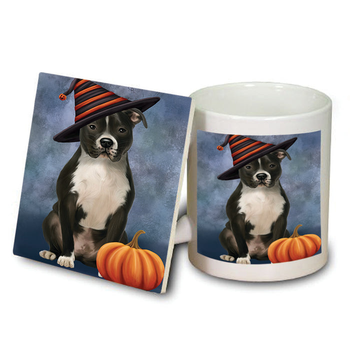 Happy Halloween Pit Bull Dog Wearing Witch Hat with Pumpkin Mug and Coaster Set MUC54971