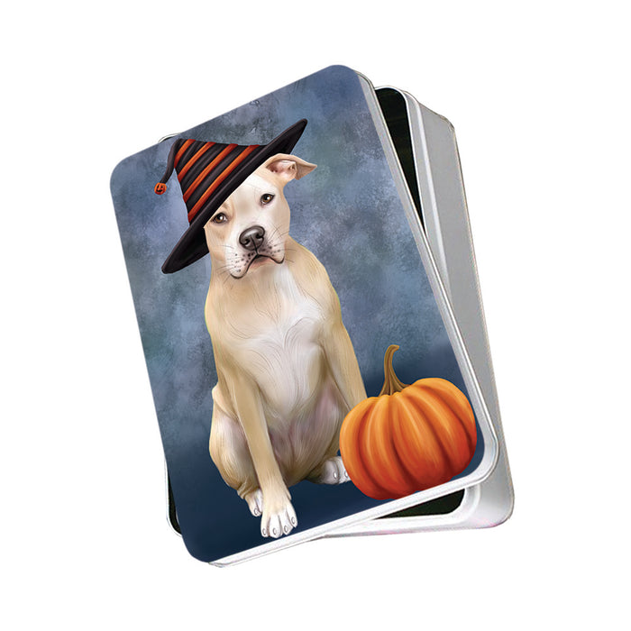 Happy Halloween Pit Bull Dog Wearing Witch Hat with Pumpkin Photo Storage Tin PITN54923