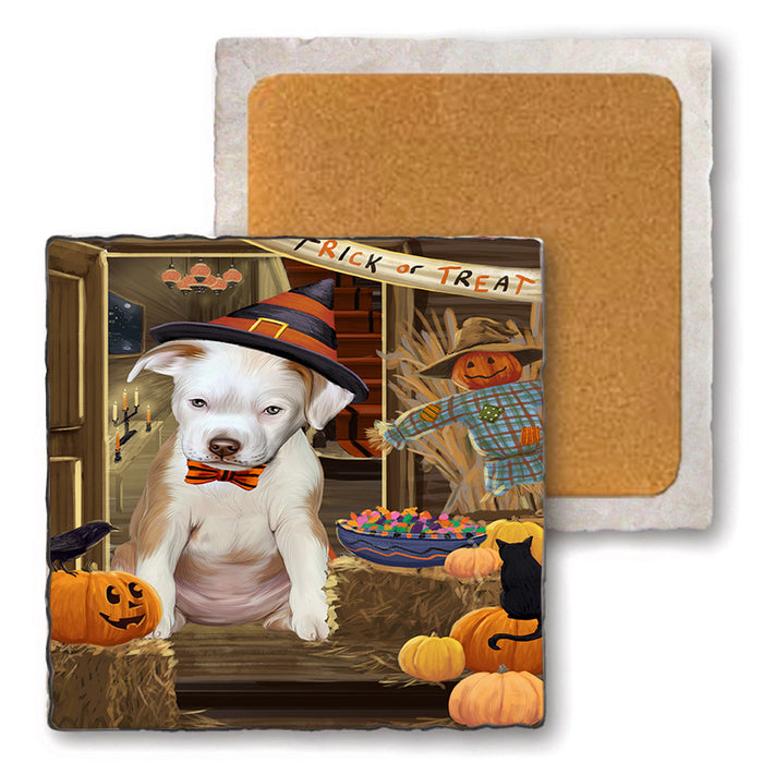 Enter at Own Risk Trick or Treat Halloween Pit Bull Dog Set of 4 Natural Stone Marble Tile Coasters MCST48218