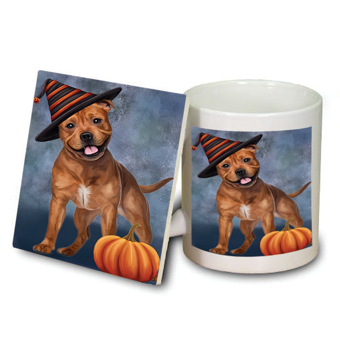 Happy Halloween Pit Bull Dog Wearing Witch Hat with Pumpkin Mug and Coaster Set MUC54973