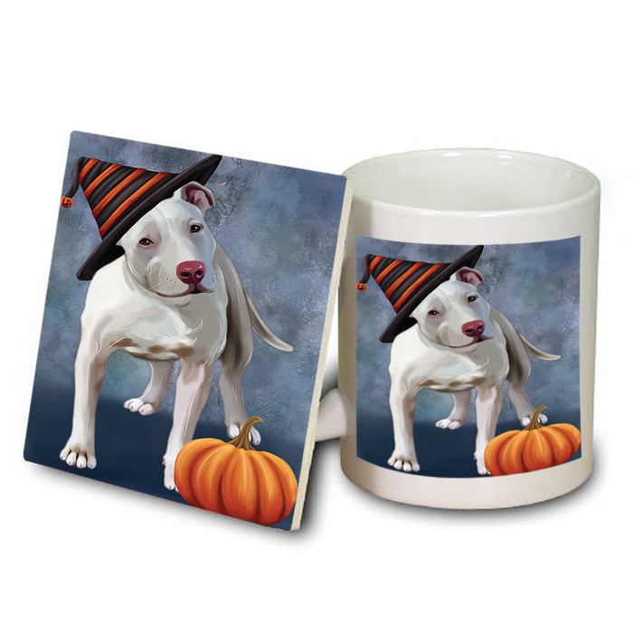 Happy Halloween Pit Bull Dog Wearing Witch Hat with Pumpkin Mug and Coaster Set MUC54974