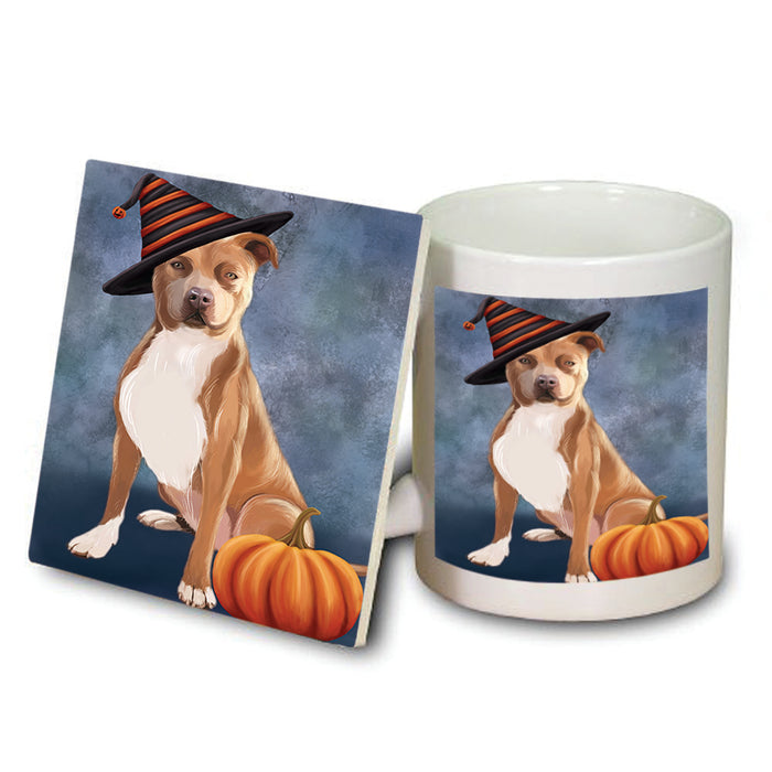 Happy Halloween Pit Bull Dog Wearing Witch Hat with Pumpkin Mug and Coaster Set MUC54975