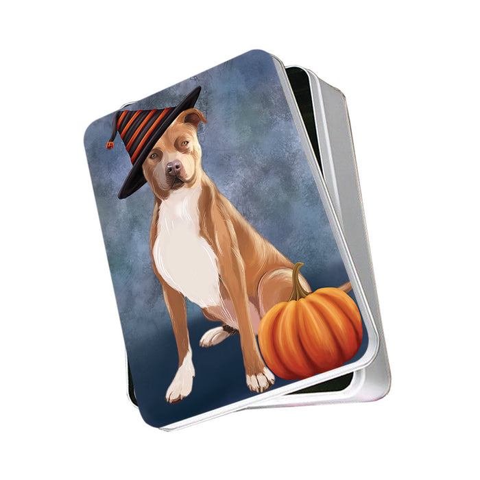 Happy Halloween Pit Bull Dog Wearing Witch Hat with Pumpkin Photo Storage Tin PITN54926