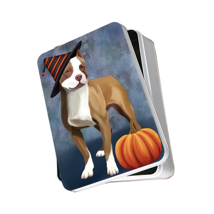 Happy Halloween Pit Bull Dog Wearing Witch Hat with Pumpkin Photo Storage Tin PITN54927