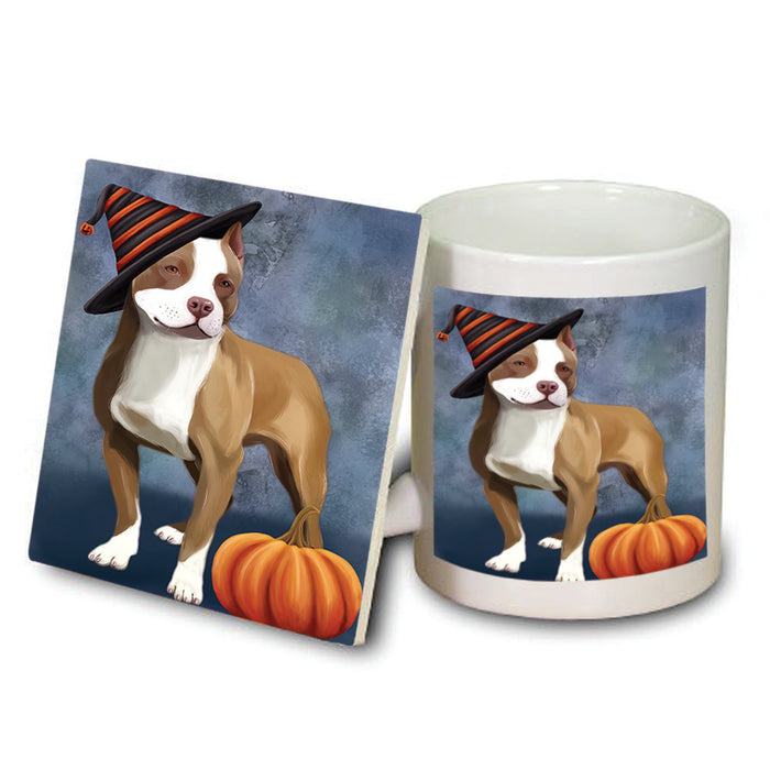 Happy Halloween Pit Bull Dog Wearing Witch Hat with Pumpkin Mug and Coaster Set MUC54976
